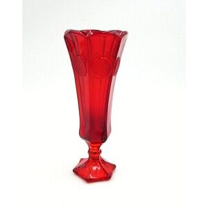 Fostoria Frosted Coin Pattern Glass Ruby Red Vase 8 Inch Tall Paneled